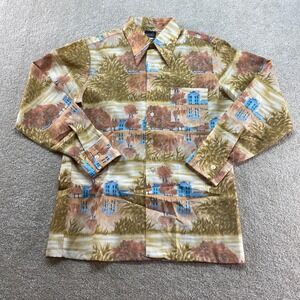 Media Button Up Shirt Mens‎ Medium Brown Vintage 70s Quintessa Landscape Print